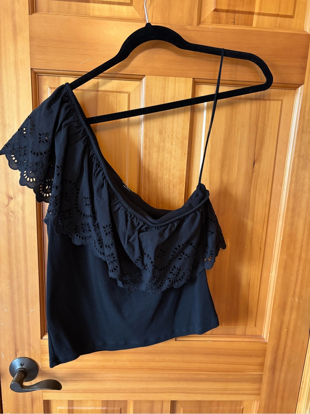 Old Navy Black One-Shoulder Ruffle Eyelet Top - XL